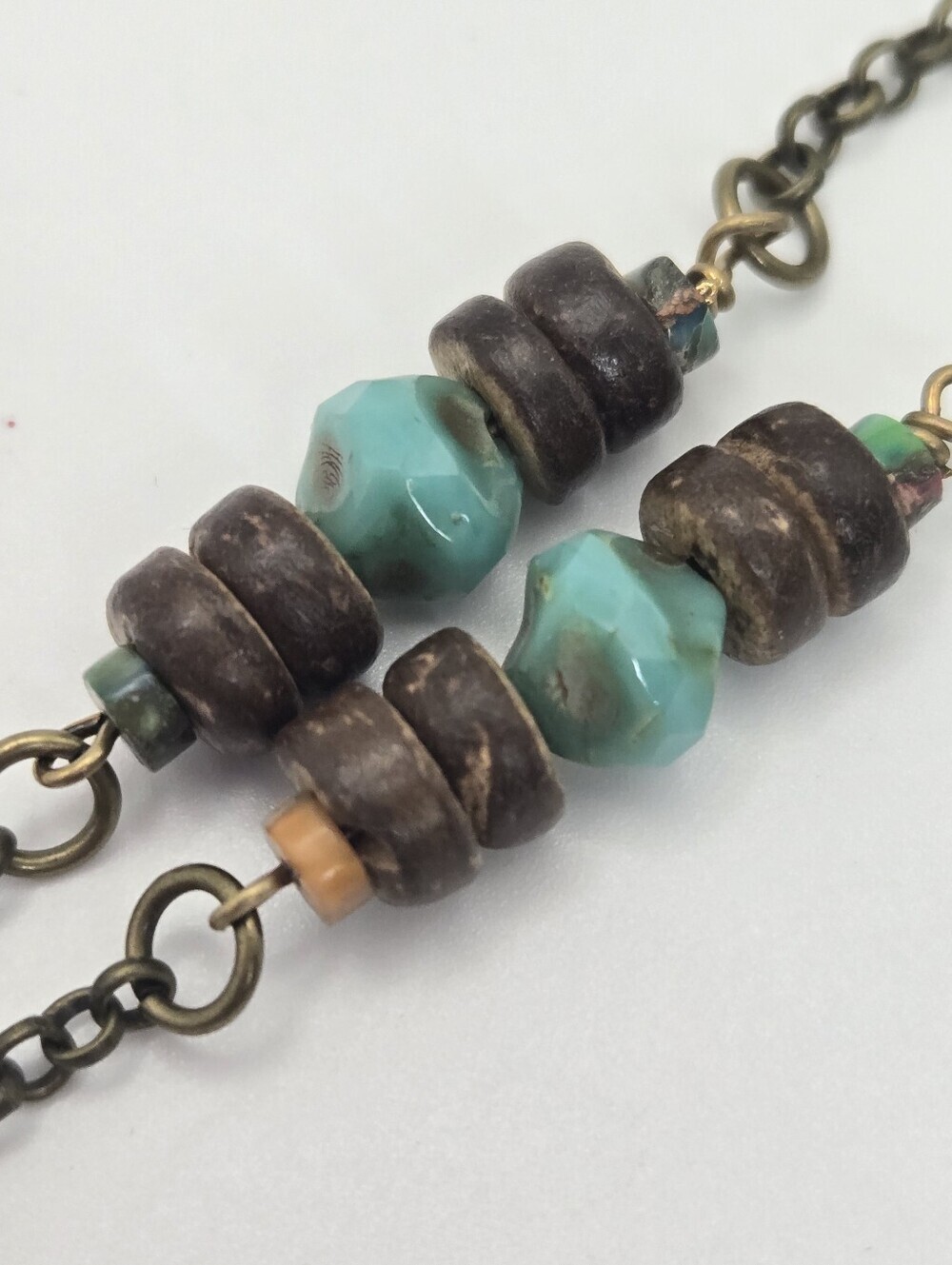 Large Leaf Necklace Shades Of Green Glass & Wood Beads Long Artisan Made - Picture 3 of 7